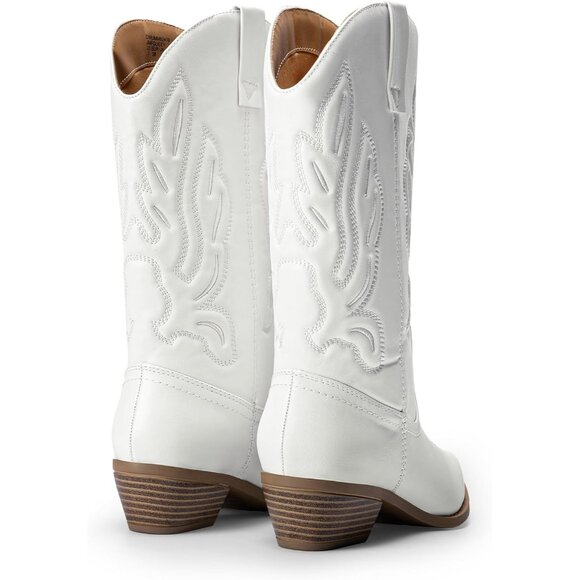 Women's White-pu Mid Calf Western Embroidery Stitched Faux Leather Cowgirl Boots - Picture 3 of 7